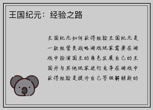 王国纪元：经验之路